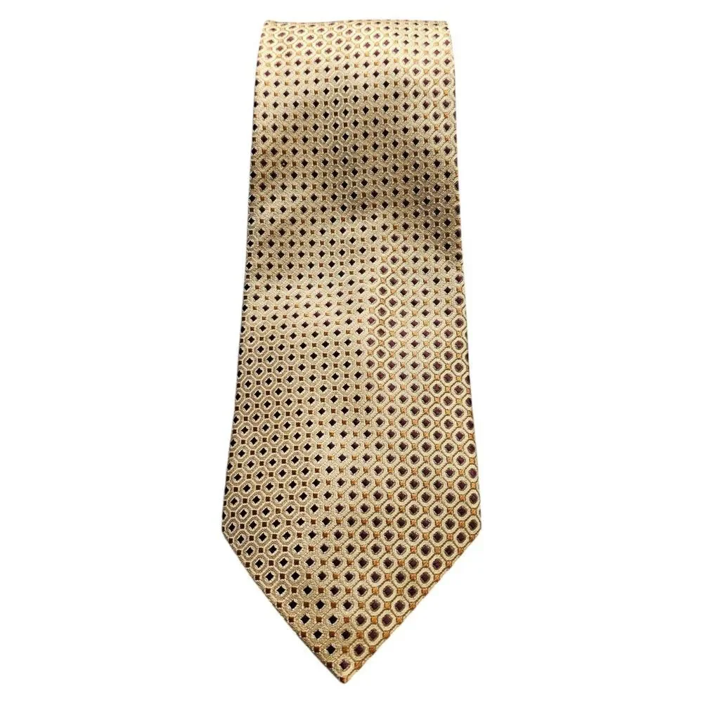 Ezio Silk Neck Tie Tan Gold Diamond Geometric Print Hand Made Italy 4